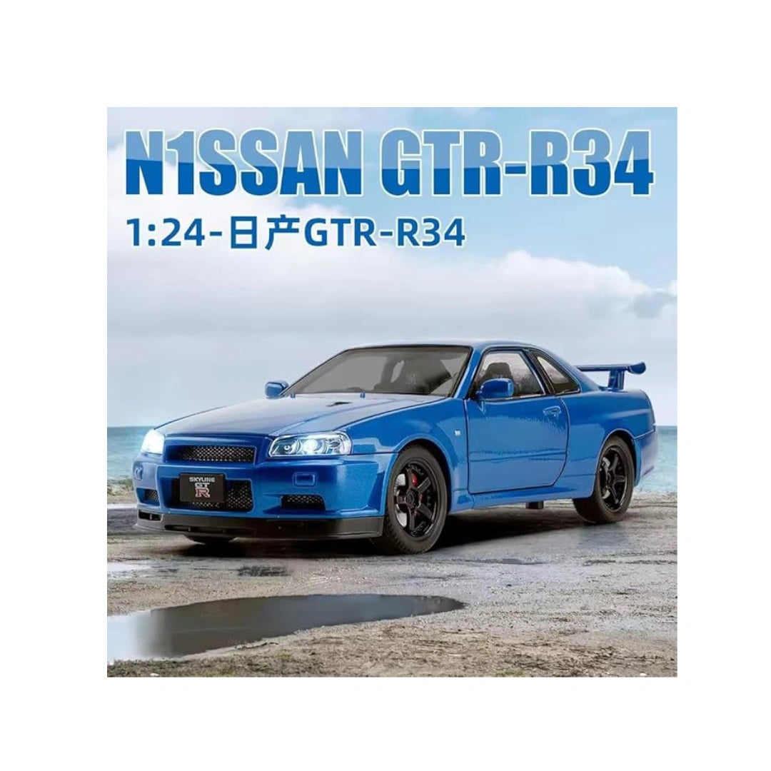 1:24 Scale Nissan Skyline GTR-R34 Diecast Models Alloy Diecast Toy Car Model Sound Light Pull Back Car Toy for Kids (Blue)