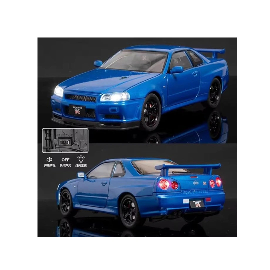 1:24 Scale Nissan Skyline GTR-R34 Diecast Models Alloy Diecast Toy Car Model Sound Light Pull Back Car Toy for Kids (Blue)