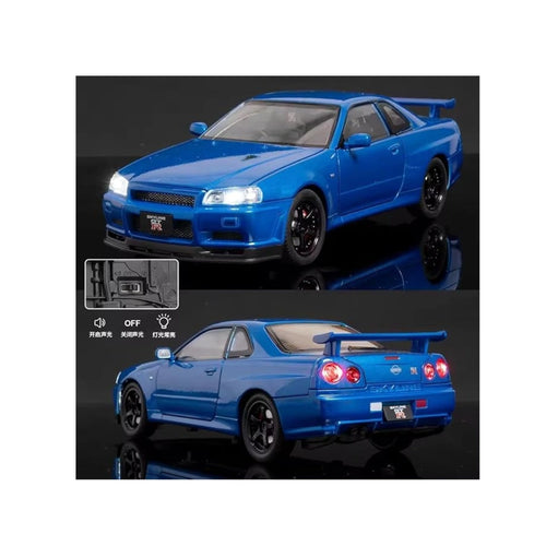 1:24 Scale Nissan Skyline GTR-R34 Diecast Models Alloy Diecast Toy Car Model Sound Light Pull Back Car Toy for Kids (Blue)
