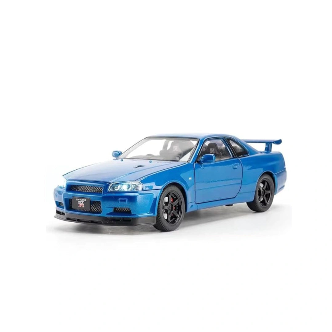 1:24 Scale Nissan Skyline GTR-R34 Diecast Models Alloy Diecast Toy Car Model Sound Light Pull Back Car Toy for Kids (Blue)