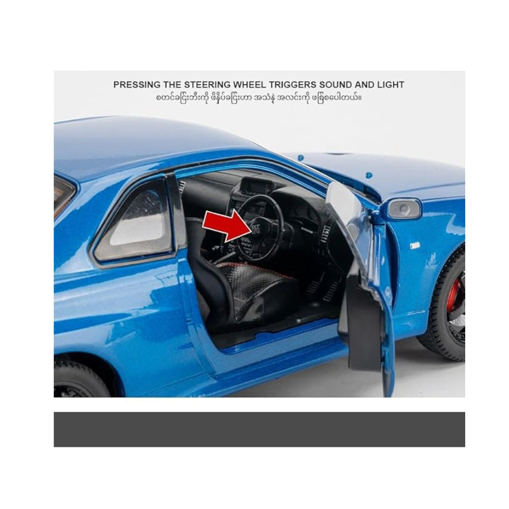 1:24 Scale Nissan Skyline GTR-R34 Diecast Models Alloy Diecast Toy Car Model Sound Light Pull Back Car Toy for Kids (Blue)