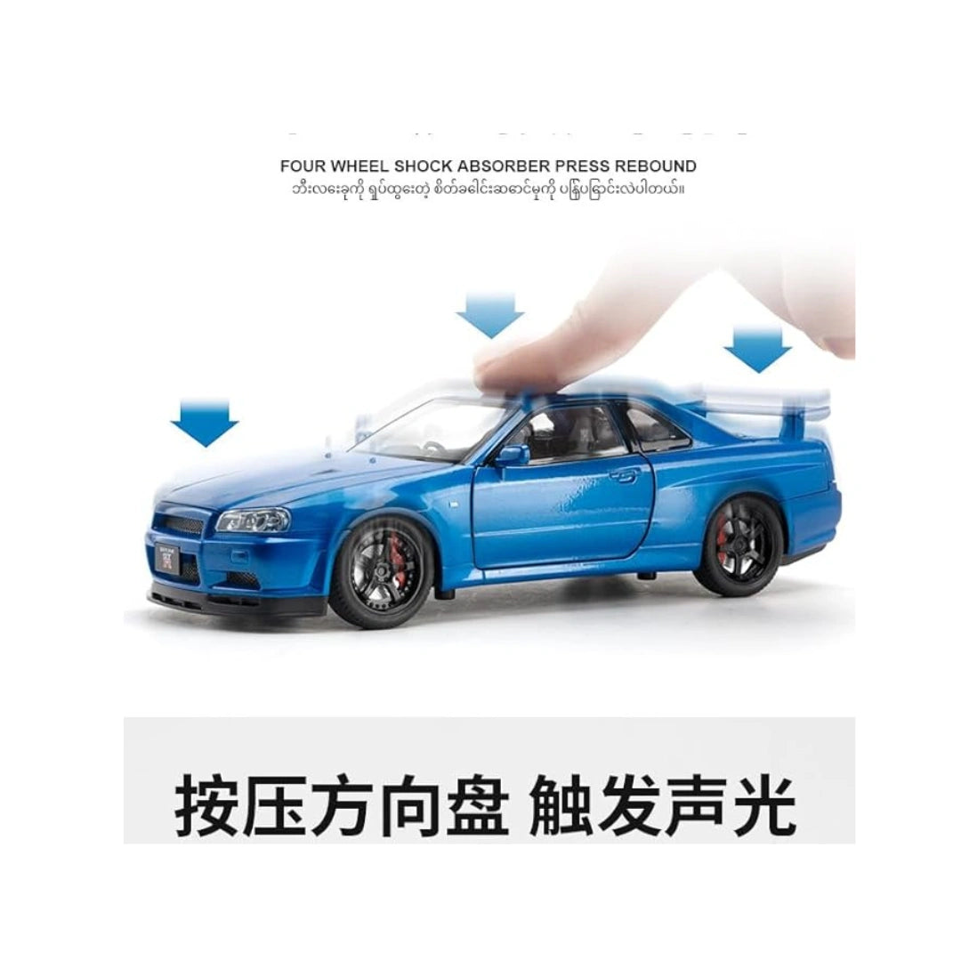 1:24 Scale Nissan Skyline GTR-R34 Diecast Models Alloy Diecast Toy Car Model Sound Light Pull Back Car Toy for Kids (Blue)