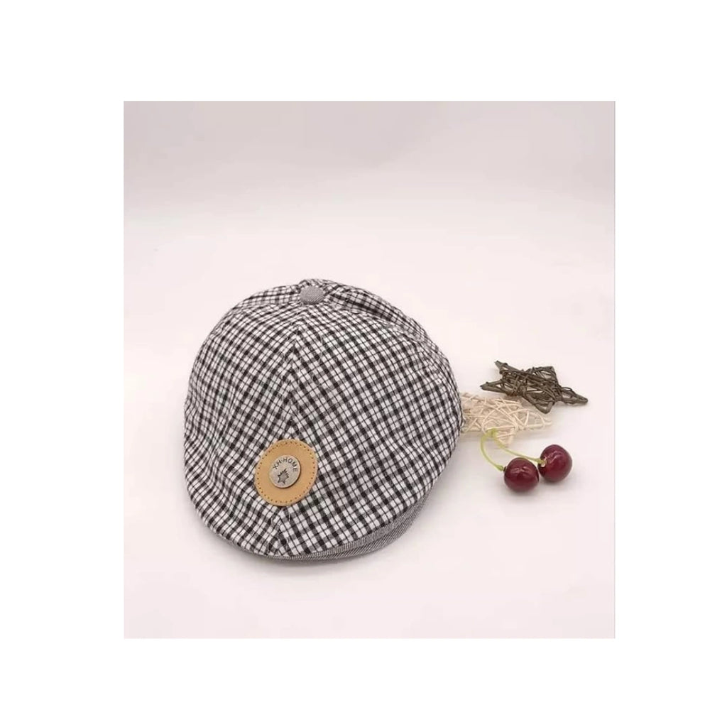 Kids Plaid Beret Cap - Classic Checkered Cotton Hat with Leather Patch