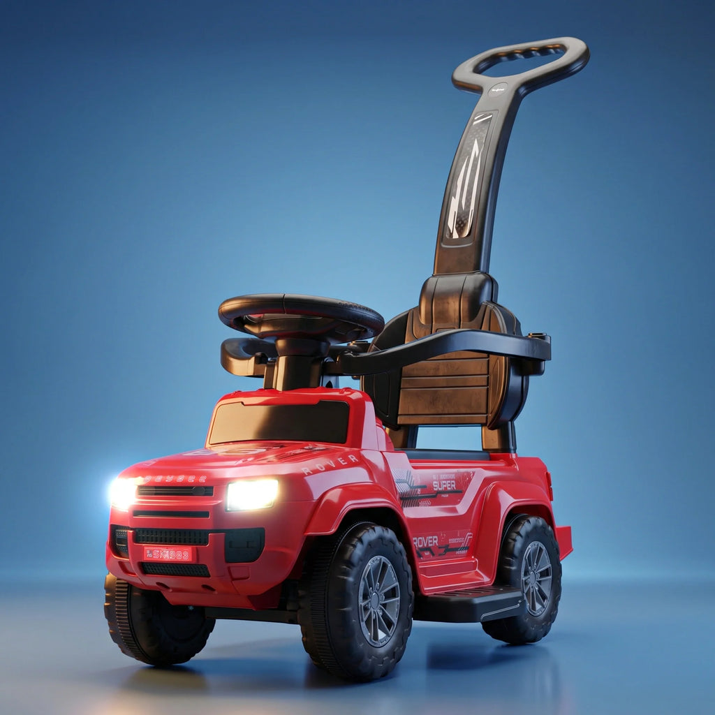 Red toddler push car with parental handle, backrest, safety rail and illuminated headlights