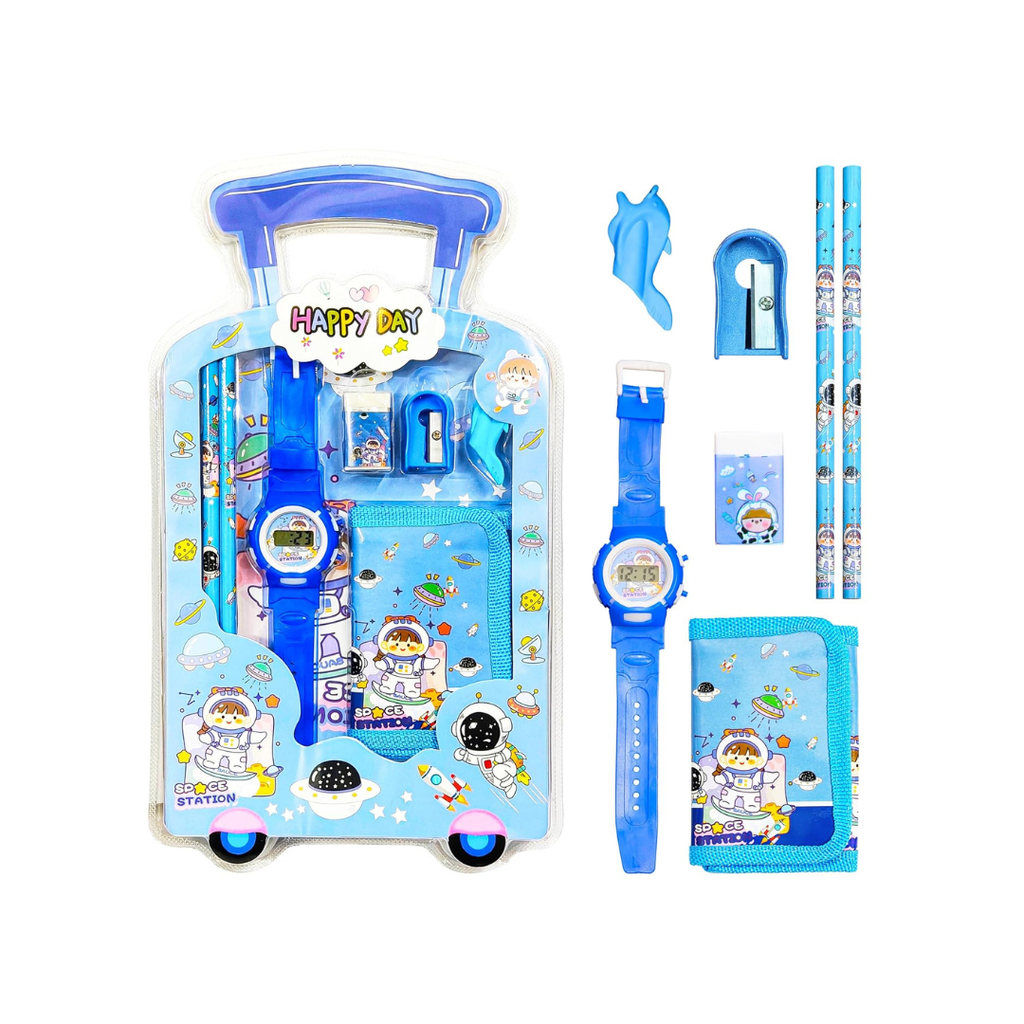 Mini Trolley Suitcase Kids Stationery Set with Digital Watch & Wallet