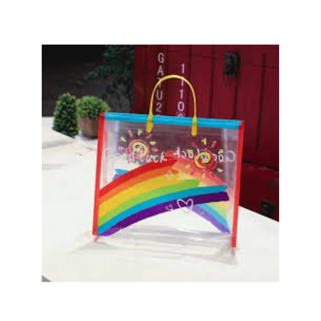 Rainbow Clear Tote Bag - PVC Shopping & Gift Bag with Orange Handles