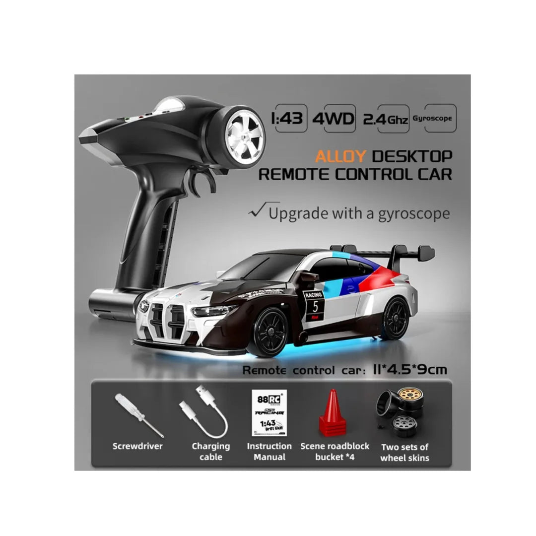1:43 scale M4 metal body 4WD RC drift car with gyro and 2.4GHz remote control