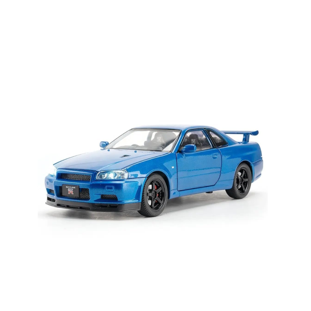 Toy Rush Nissan Skyline GT-R R34 Die-Cast Model Car 1:24 Scale – Pull Back, Openable Doors & Detailed Collectible (Blue) 3-14 Years
