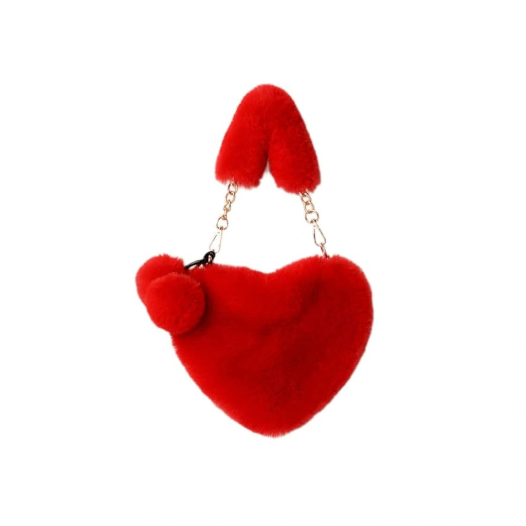 Heart Shape Fur Purse with Chain Strap - Fluffy Crossbody Bag, Red