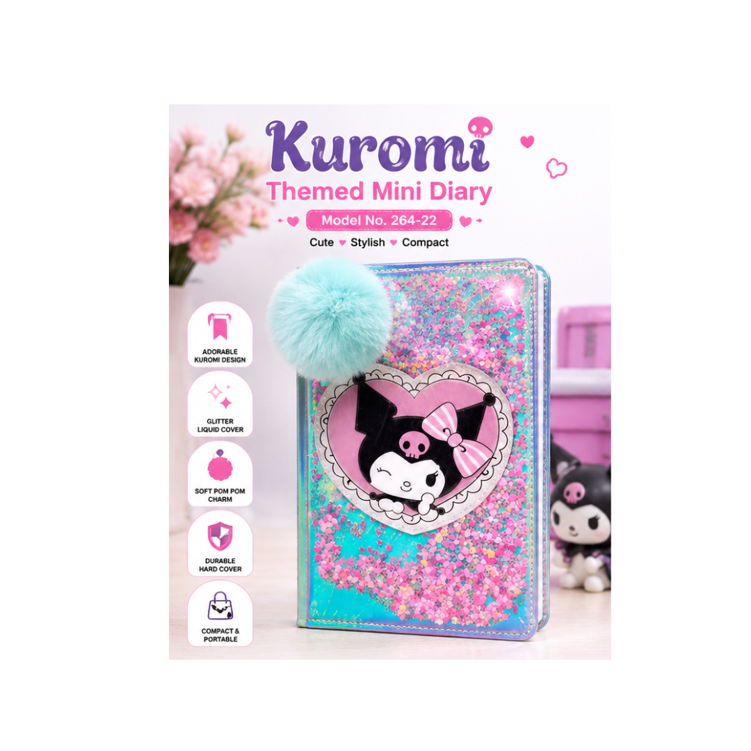UB Collection 264-22 Kuromi Themed Mini Diary | Glitter Hardcover Notebook with Pom Pom