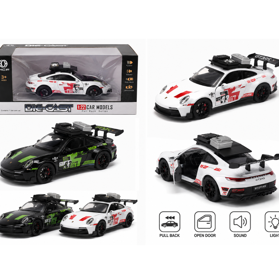 Toy Rush Porsche GT3 RS Die-Cast Car 1:22 Scale Pull Back Model with Light & Sound (Colour as per Availability) | Ages 3+