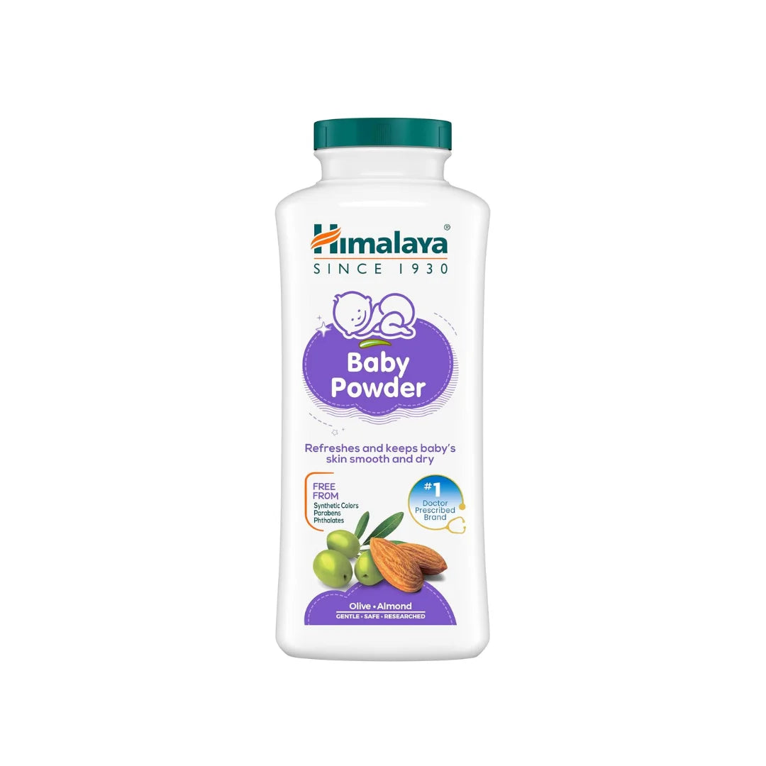 Himalaya baby powder bottle with green cap and purple Baby Powder label