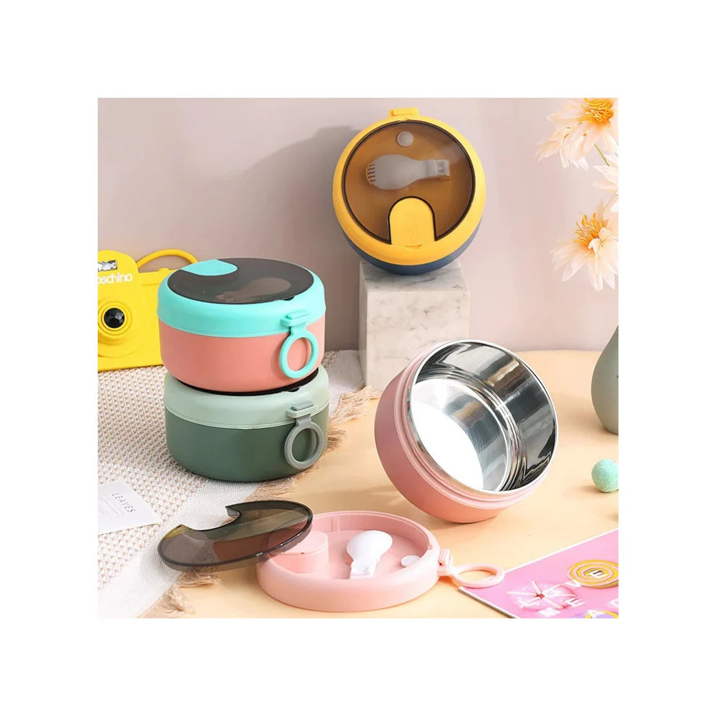 Round Stainless Steel Lunch Box - Insulated with Foldable Spoon & Fork