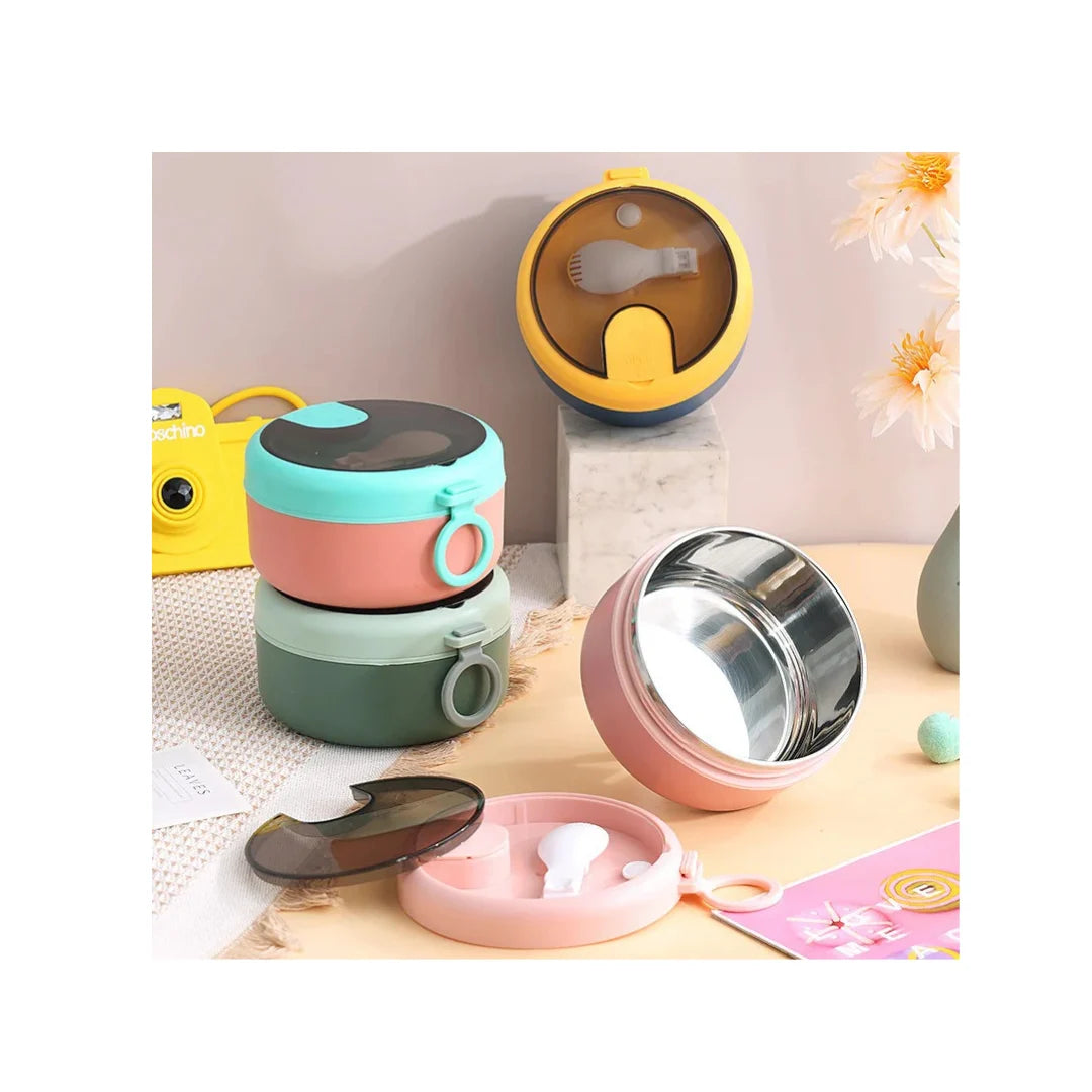 Round Stainless Steel Lunch Box - Insulated with Foldable Spoon & Fork