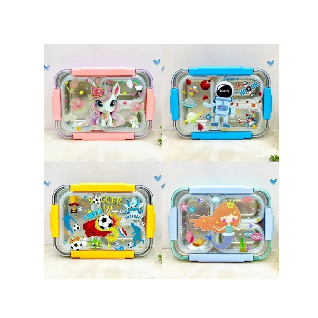 Kids 3-Compartment Bento Lunch Box - Stainless Steel with Chopsticks