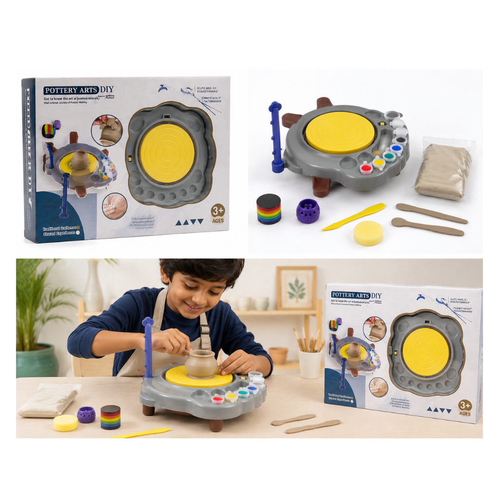 MM Toys Pottery Arts Wheel DIY Clay Craft Kit – Electric Pottery Wheel with Clay, Paints & Sculpting Tools for Kids (Ages 3+)