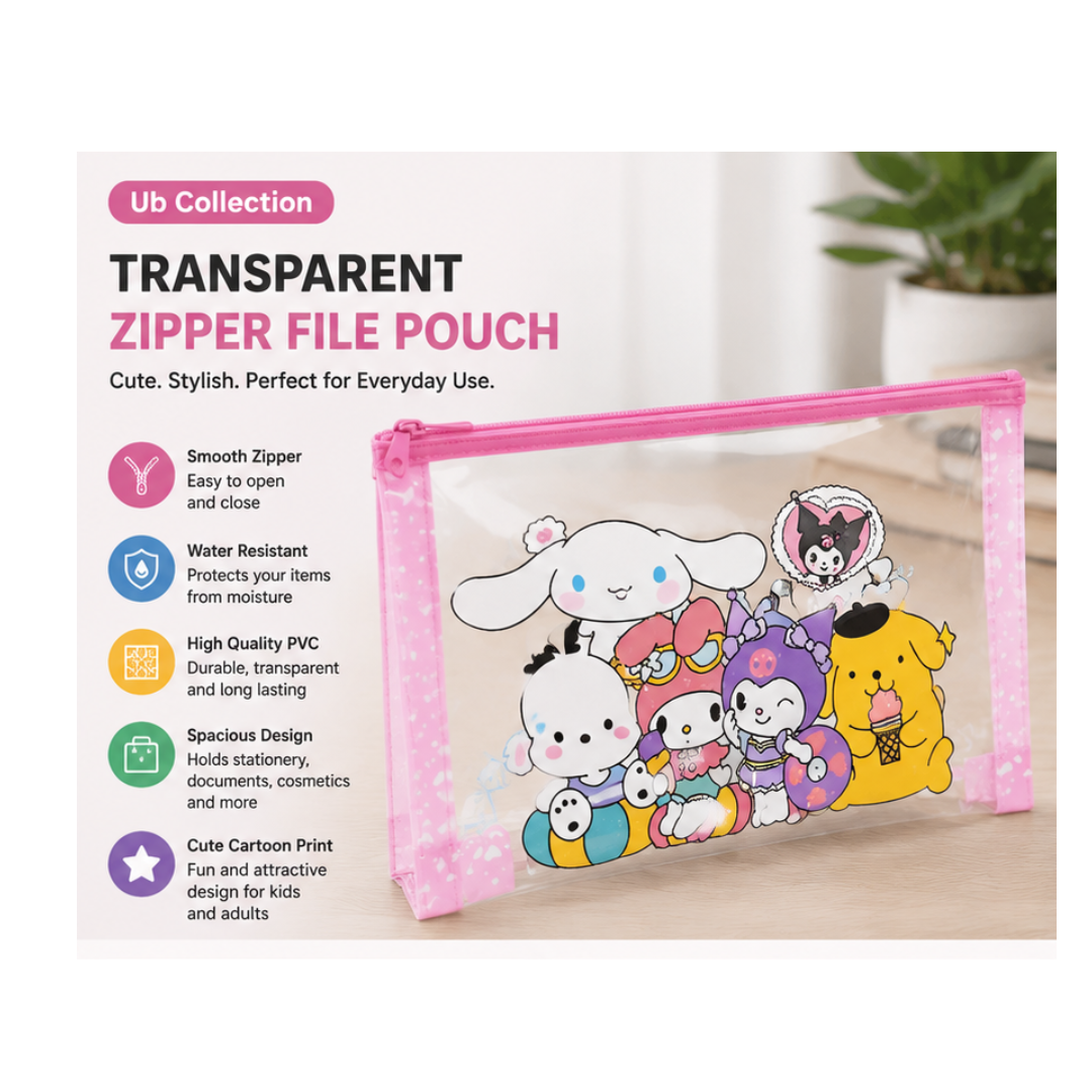 Ub Collection Transparent Cartoon Zipper File Pouch – Cute Multi-Character PVC Document & Stationery Bag (Design May Vary)