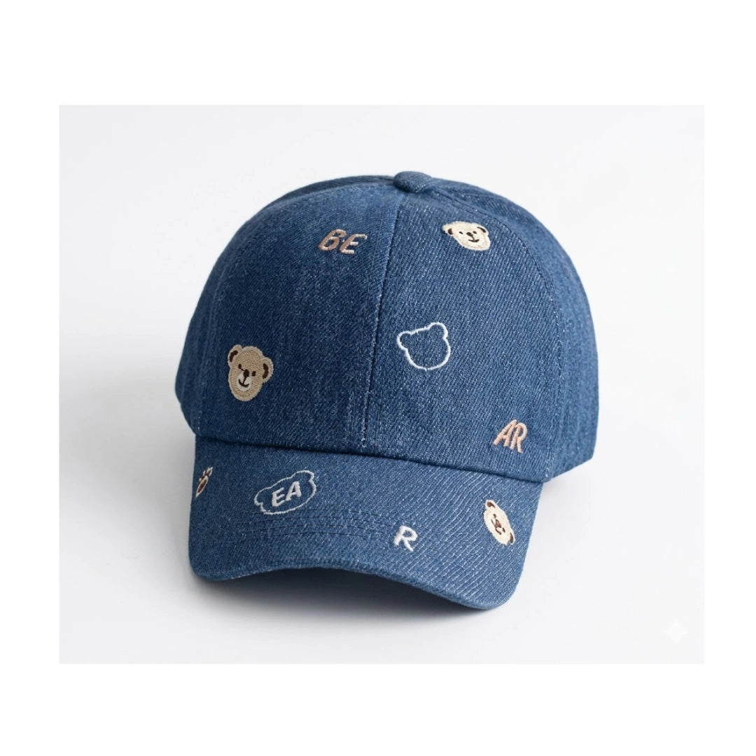 Kids Denim Baseball Cap - Embroidered Bear Patch, Boys & Girls