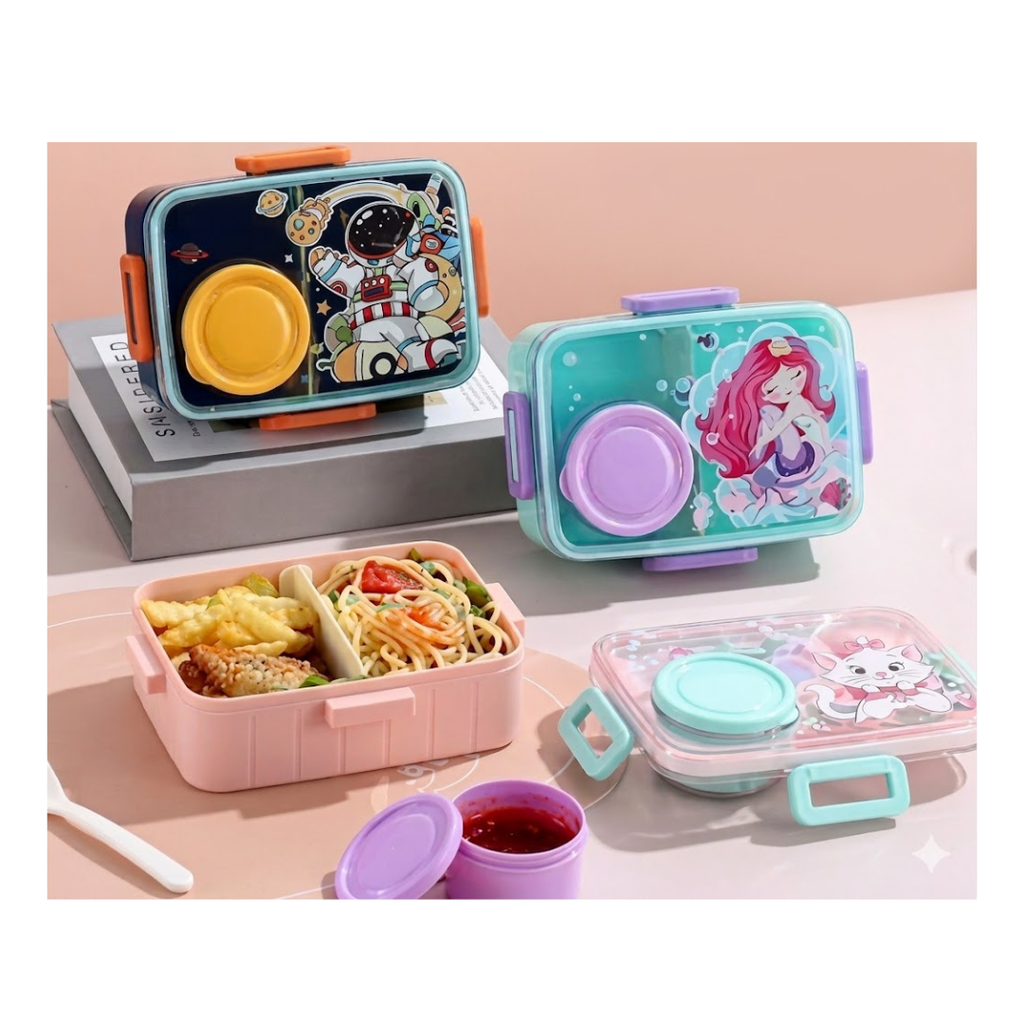 Kids Cartoon Lunch Box with Sauce Cup - Compact & Leakproof (Color as per Availability)