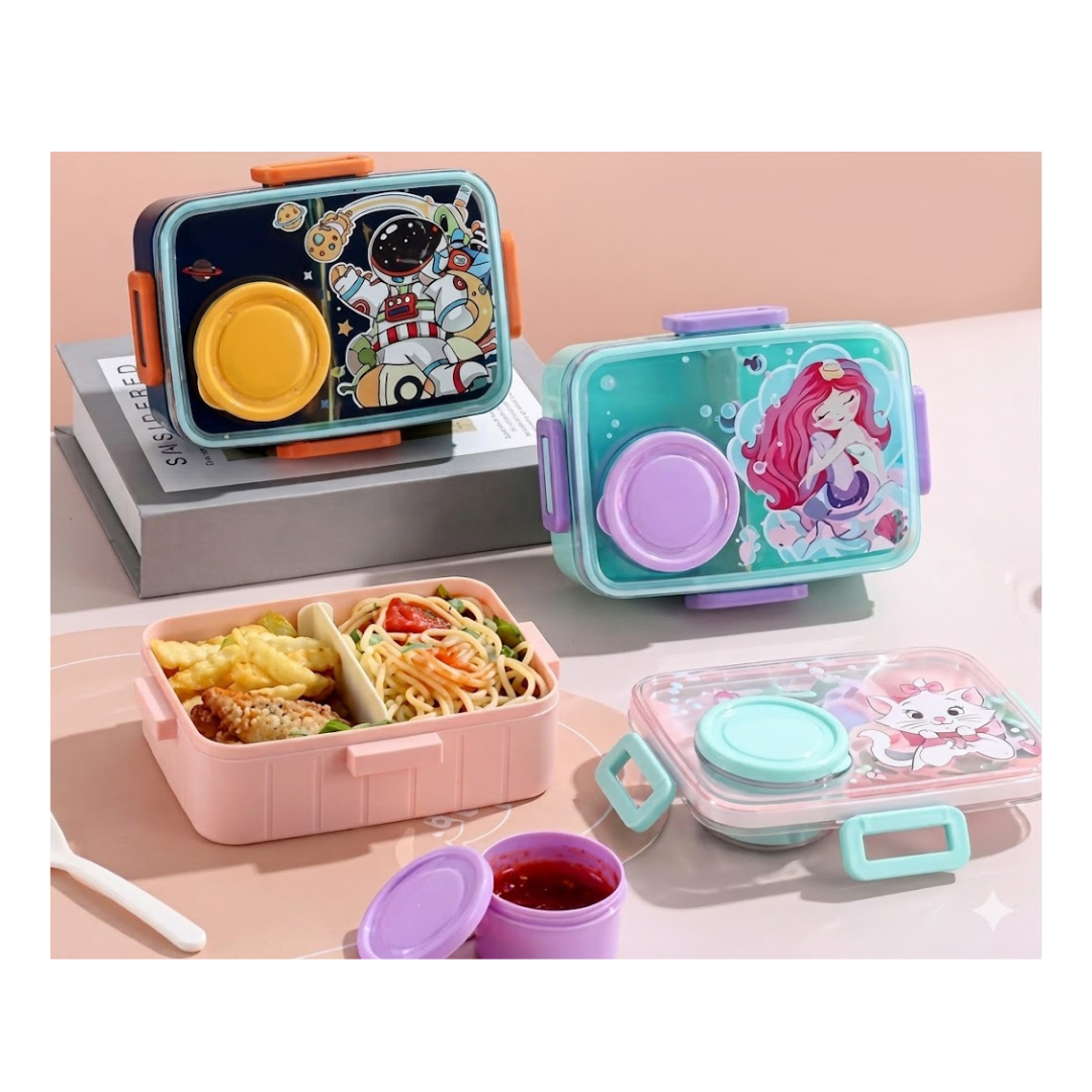 Kids Cartoon Lunch Box with Sauce Cup - Compact & Leakproof (Color as per Availability)