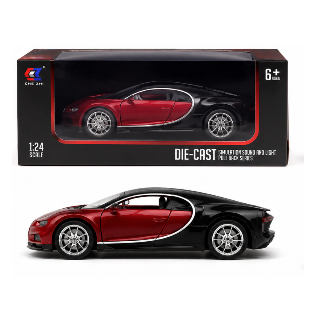 Toy Rush Bugatti Chiron Die-Cast Car 1:24 Scale Pull Back Model with Light & Sound (Color as per Availability) | Ages 6+