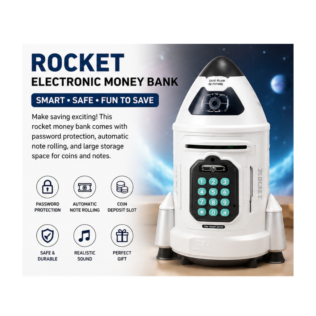 Rocket Electronic Money Bank with Password Lock & Coin Counter | Kids ATM Savings Box | Color as per Availability (3+ Years)