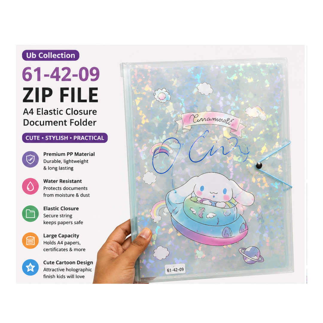 Ub Collection 61-42-09 A4 Elastic Closure Zip File Folder – Holographic Cartoon Document Organizer (Design May Vary)