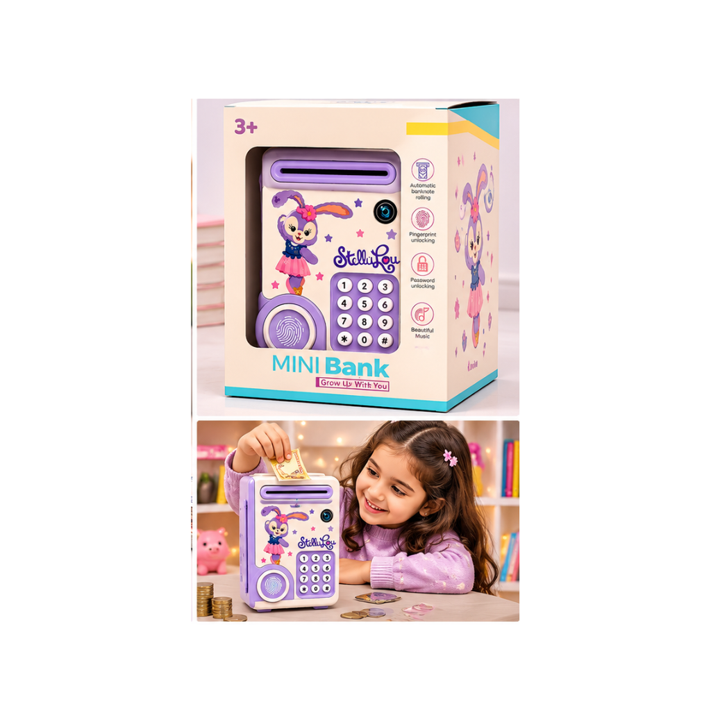 StelliLou Electronic Mini Bank for Kids – Password & Fingerprint Money Saving Bank with Automatic Note Rolling | Color as per Availability (3+ Years)