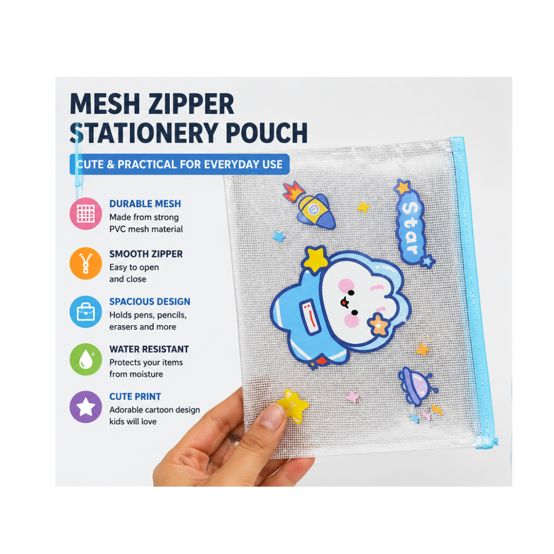 Ub Collection Mesh Zipper File Pouch – Transparent Waterproof Document & Stationery Storage Bag (Design May Vary)
