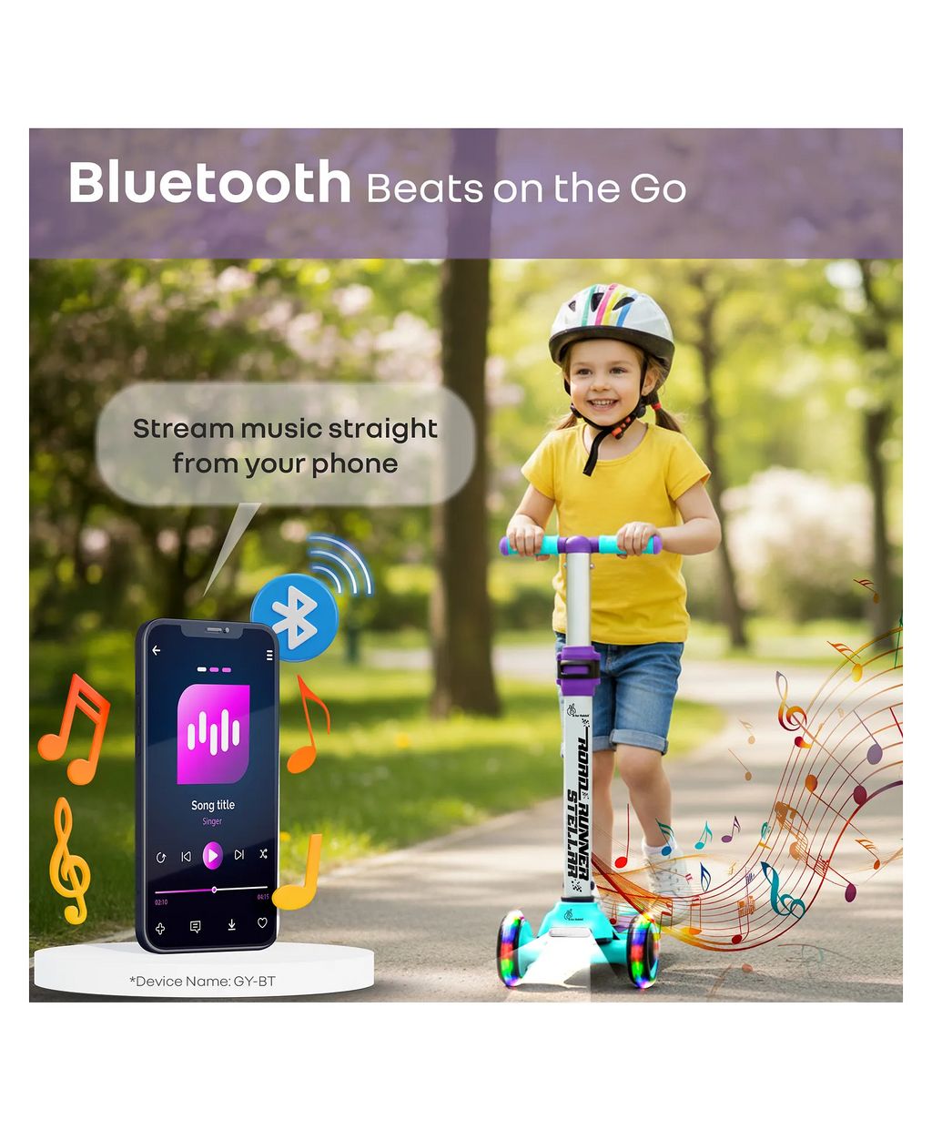 R for Rabbit Road Runner Stellar Kids Scooter with Bluetooth Music & Lights, 3-Level Adjustable Height, PU LED Wheels | Kick Scooter for 3+ Years Baby Boy and Girl Weight Up to 75 kg