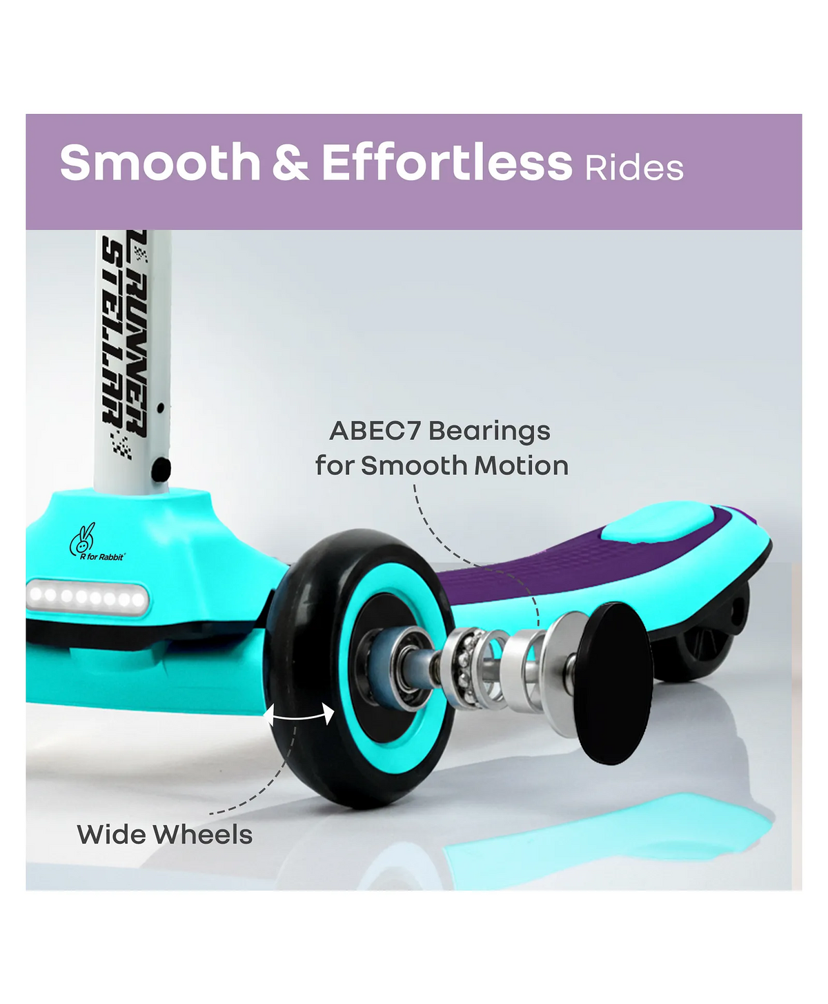 R for Rabbit Road Runner Stellar Kids Scooter with Bluetooth Music & Lights, 3-Level Adjustable Height, PU LED Wheels | Kick Scooter for 3+ Years Baby Boy and Girl Weight Up to 75 kg