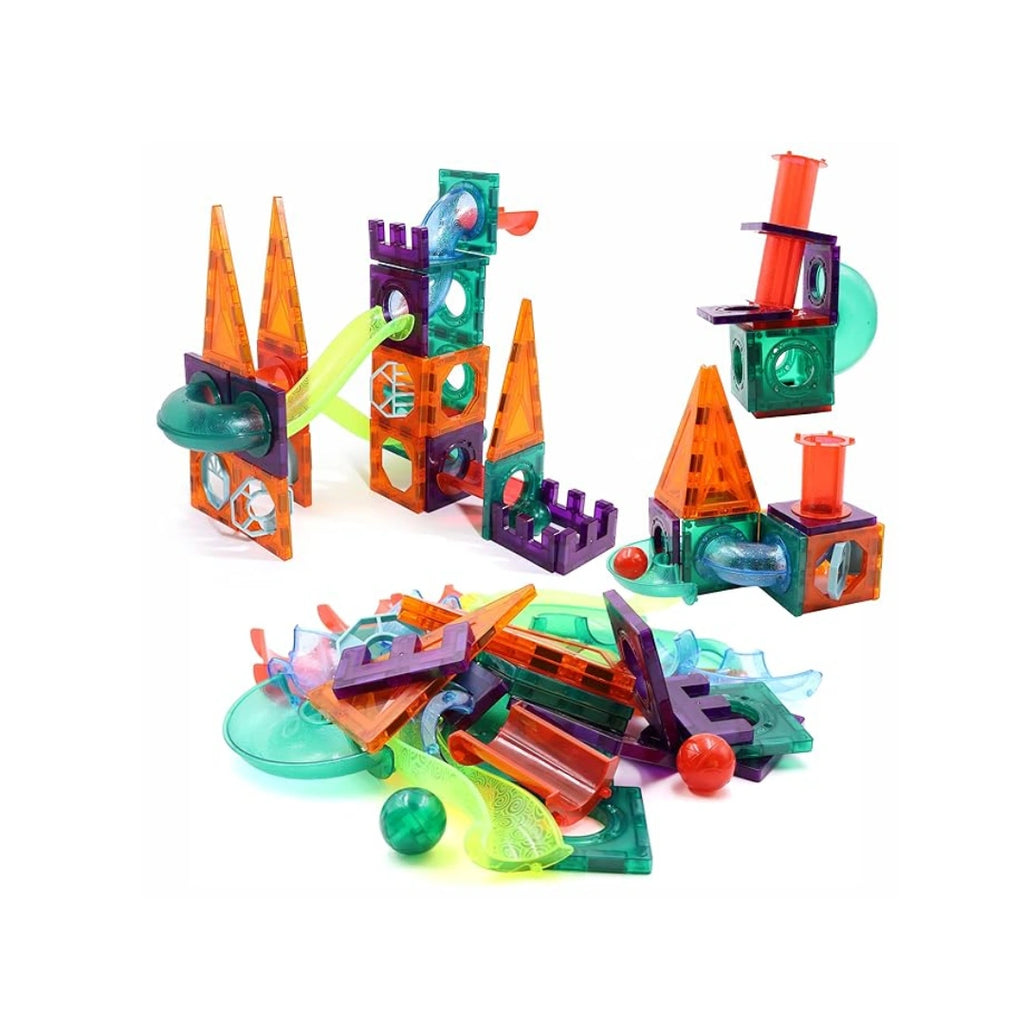 Colorful magnetic tiles and marble run building set for kids.