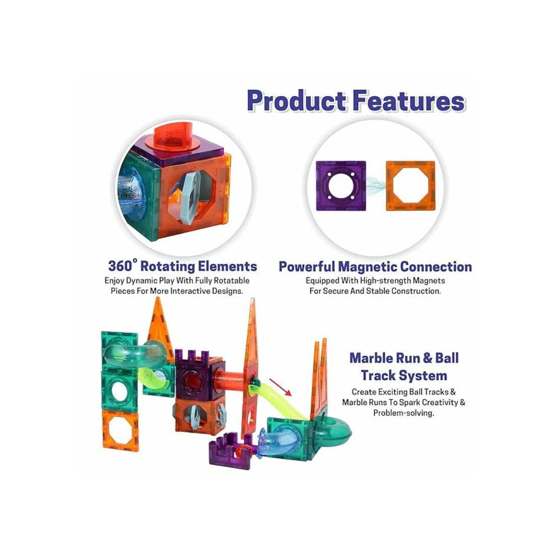 Colorful magnetic tiles and marble run building set for kids.