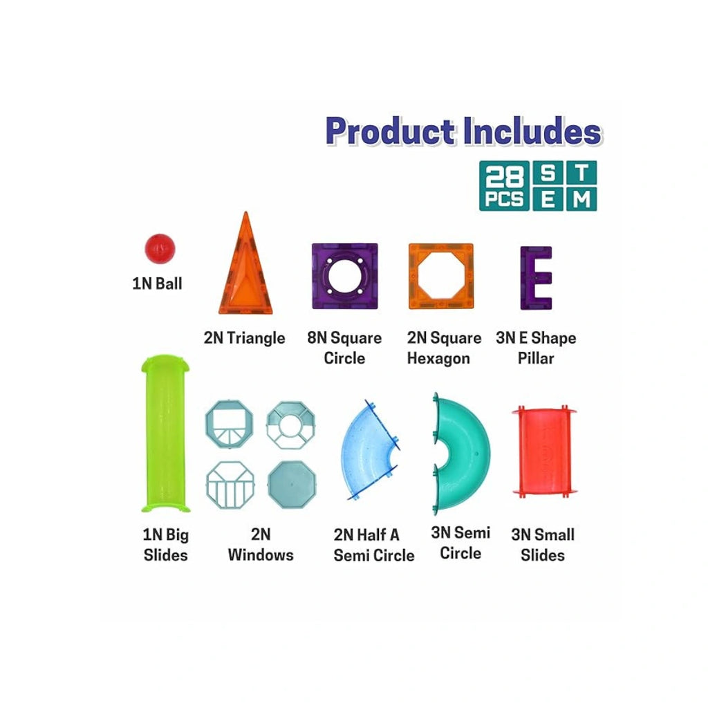Colorful magnetic tiles and marble run building set for kids.