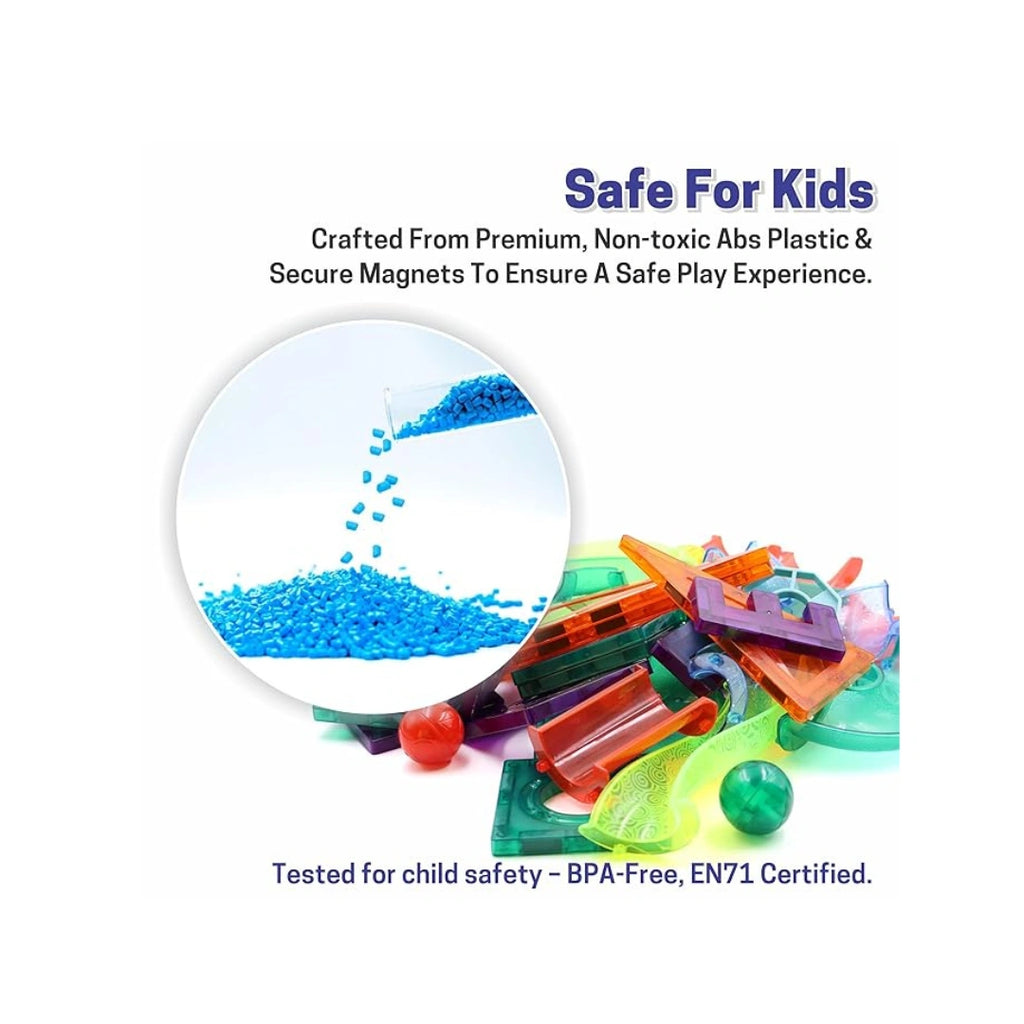 Colorful magnetic tiles and marble run building set for kids.