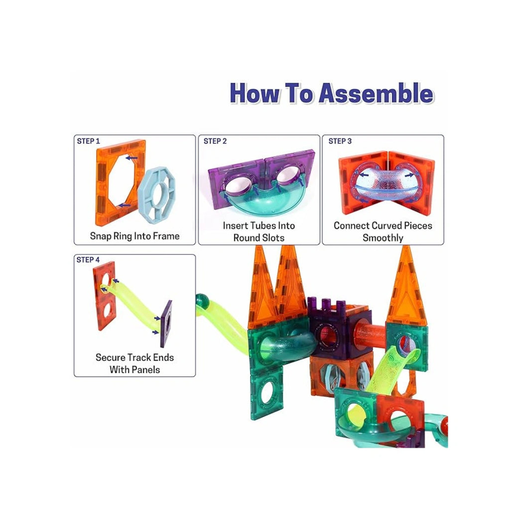 Colorful magnetic tiles and marble run building set for kids.
