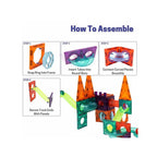 Colorful magnetic tiles and marble run building set for kids.