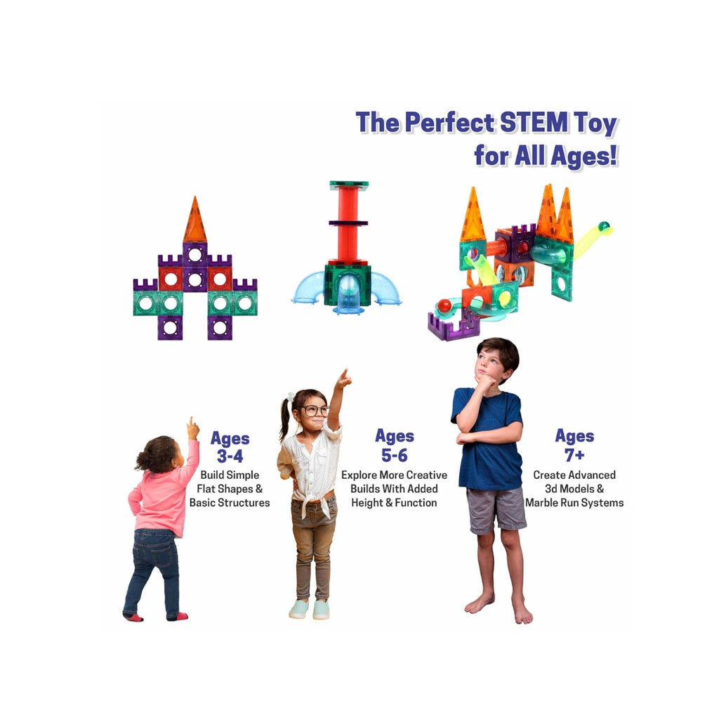 Colorful magnetic tiles and marble run building set for kids.