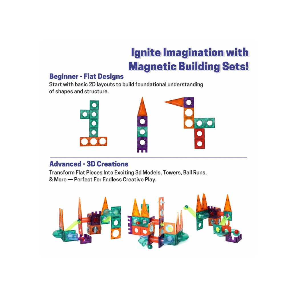 Colorful magnetic tiles and marble run building set for kids.