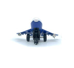 Centy Fly High Mini Jet A-747 toy airplane viewed from the front, showing blue wings and landing gear