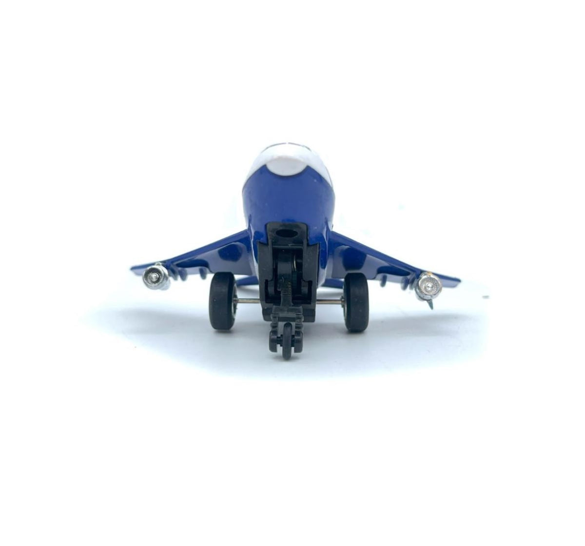 Centy Fly High Mini Jet A-747 toy airplane viewed from the front, showing blue wings and landing gear