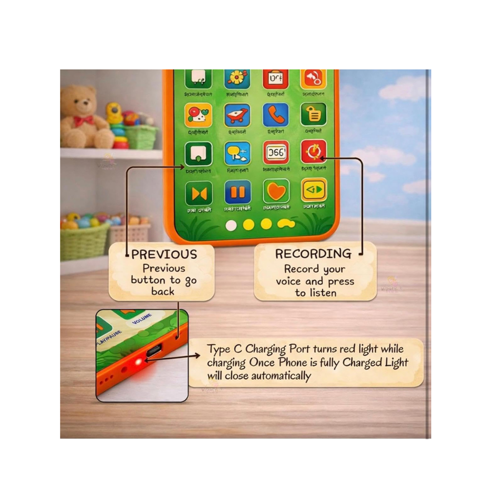 Educational Phone Toy – Type-C Rechargeable, 28 Learning Functions (English & Hindi)