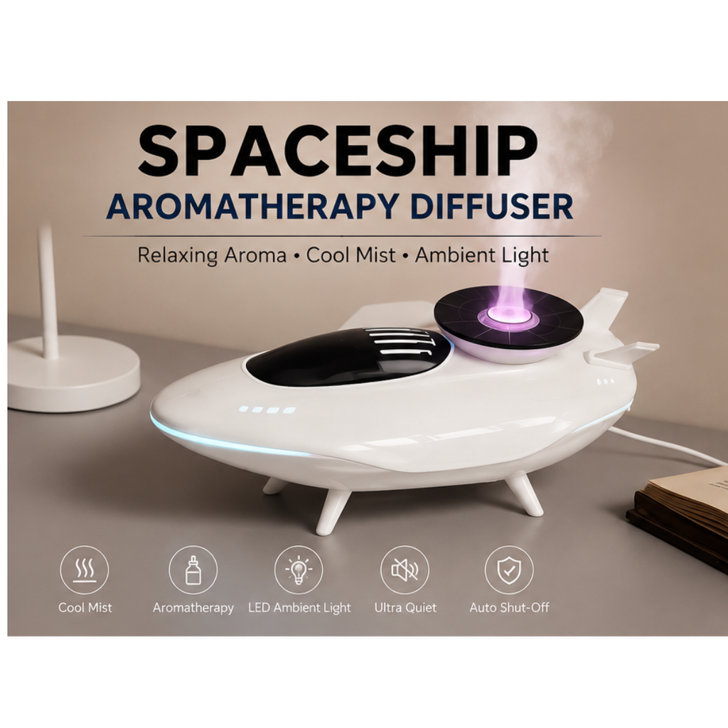 Spaceship Aromatherapy Diffuser with Cool Mist Humidifier & LED Ambient Light | USB Powered | Home & Office Aroma Diffuser