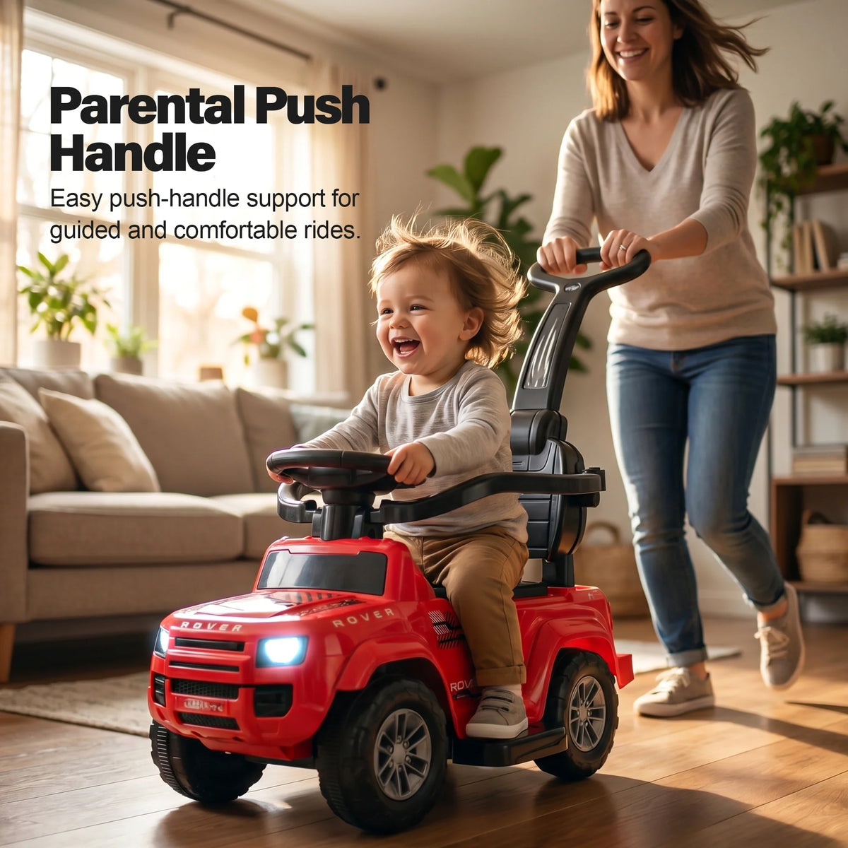 Red toddler ride-on car with parental push handle, shown carrying a child