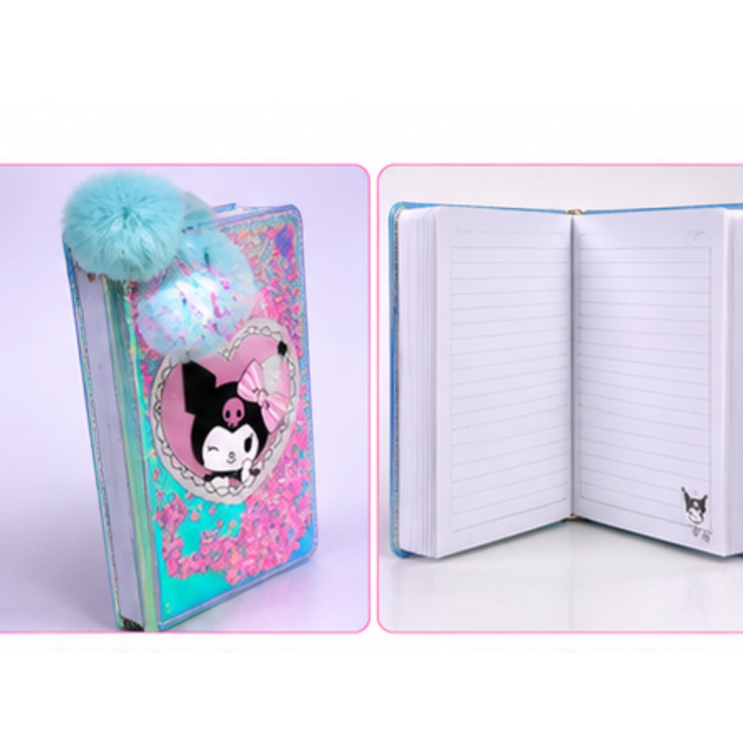 UB Collection 264-22 Kuromi Themed Mini Diary | Glitter Hardcover Notebook with Pom Pom