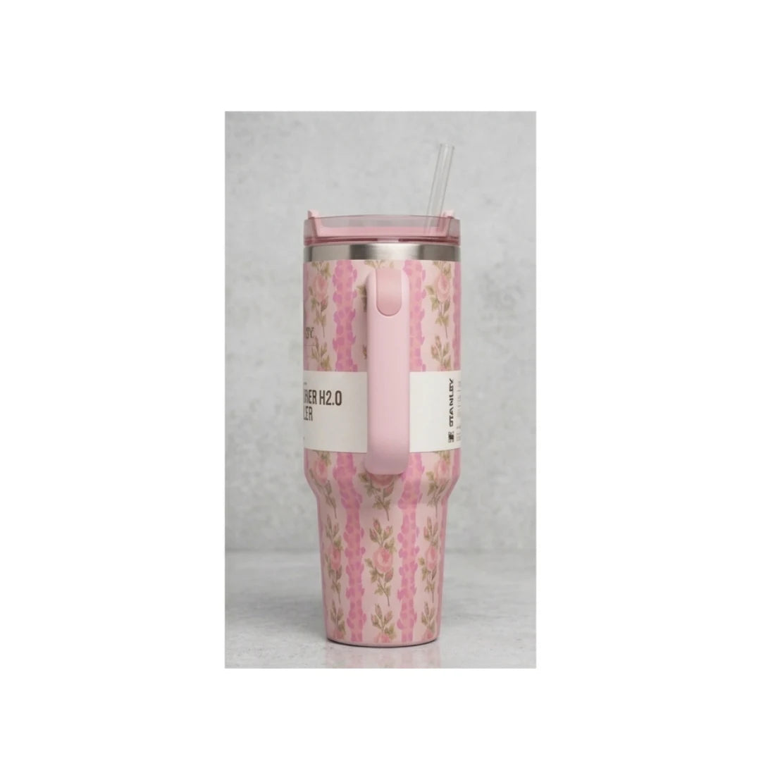 Floral Insulated Tumbler with Handle & Straw - Large Capacity, Leakproof