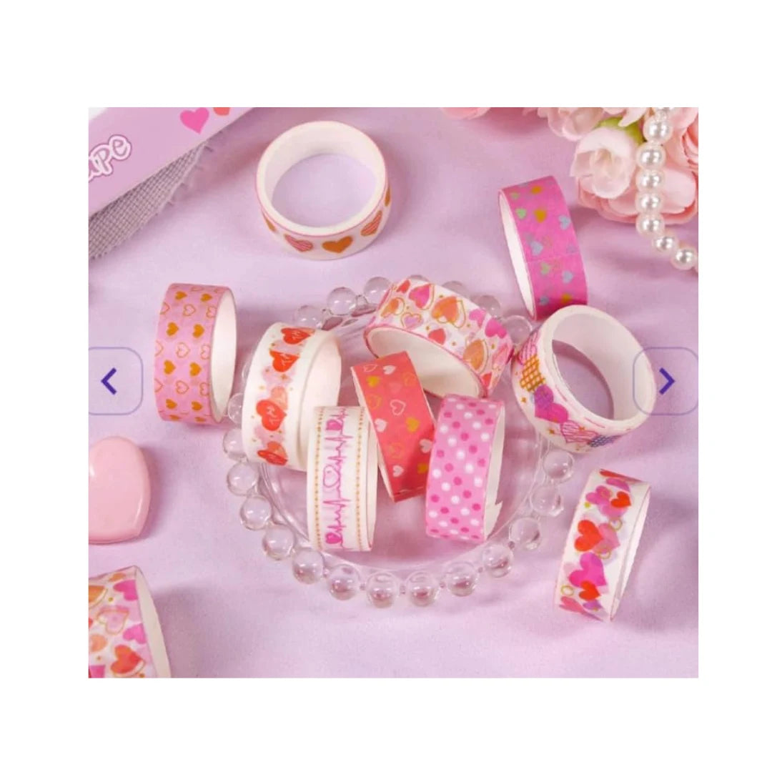 Kawaii Heart Washi Tape Set - 10 Japanese Masking Tape Rolls for Journaling