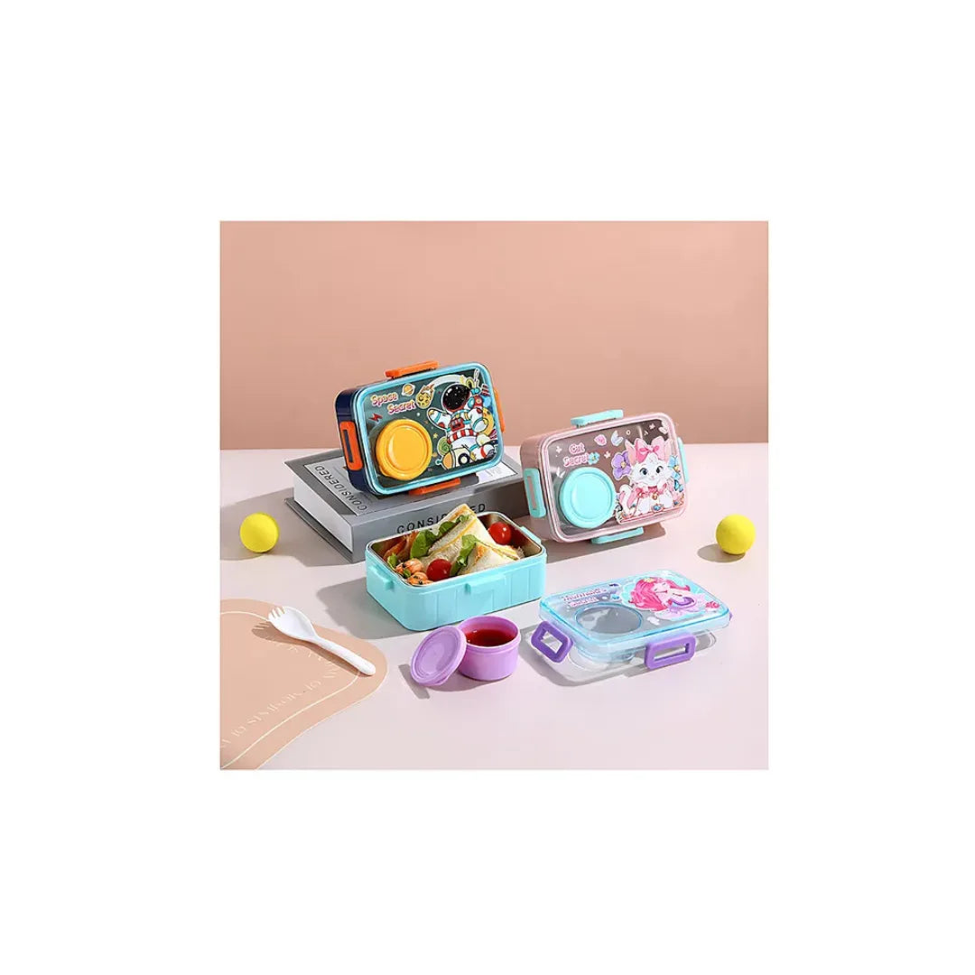 Kids Cartoon Stainless Steel Lunch Box with Sauce Cup - Compact & Leakproof