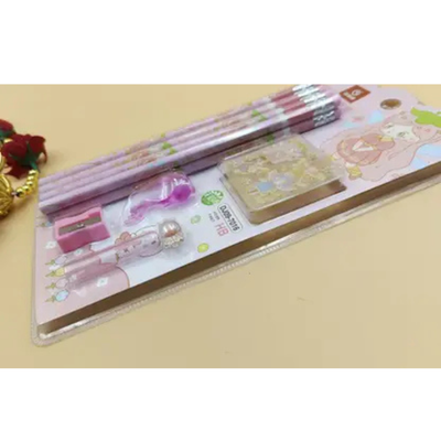Pink Cartoon Pencil Stationery Set  8-Piece Writing Kit (HB Pencils, Sharpener, Ruler, Eraser)