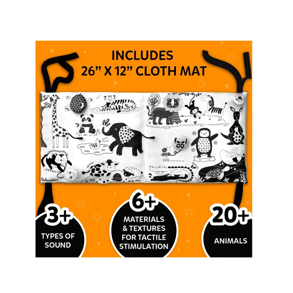 High Contrast Sensory Cloth Mat · Tummy Time · 20+ Animals · Ages 0–18 Months